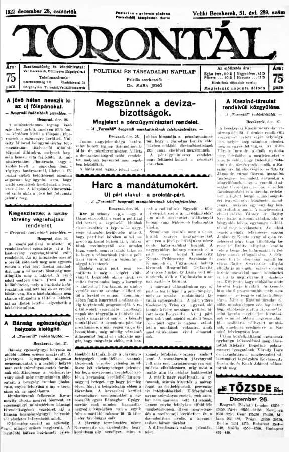 Torontál, 51. évf. 1922. december 28. 289. sz.