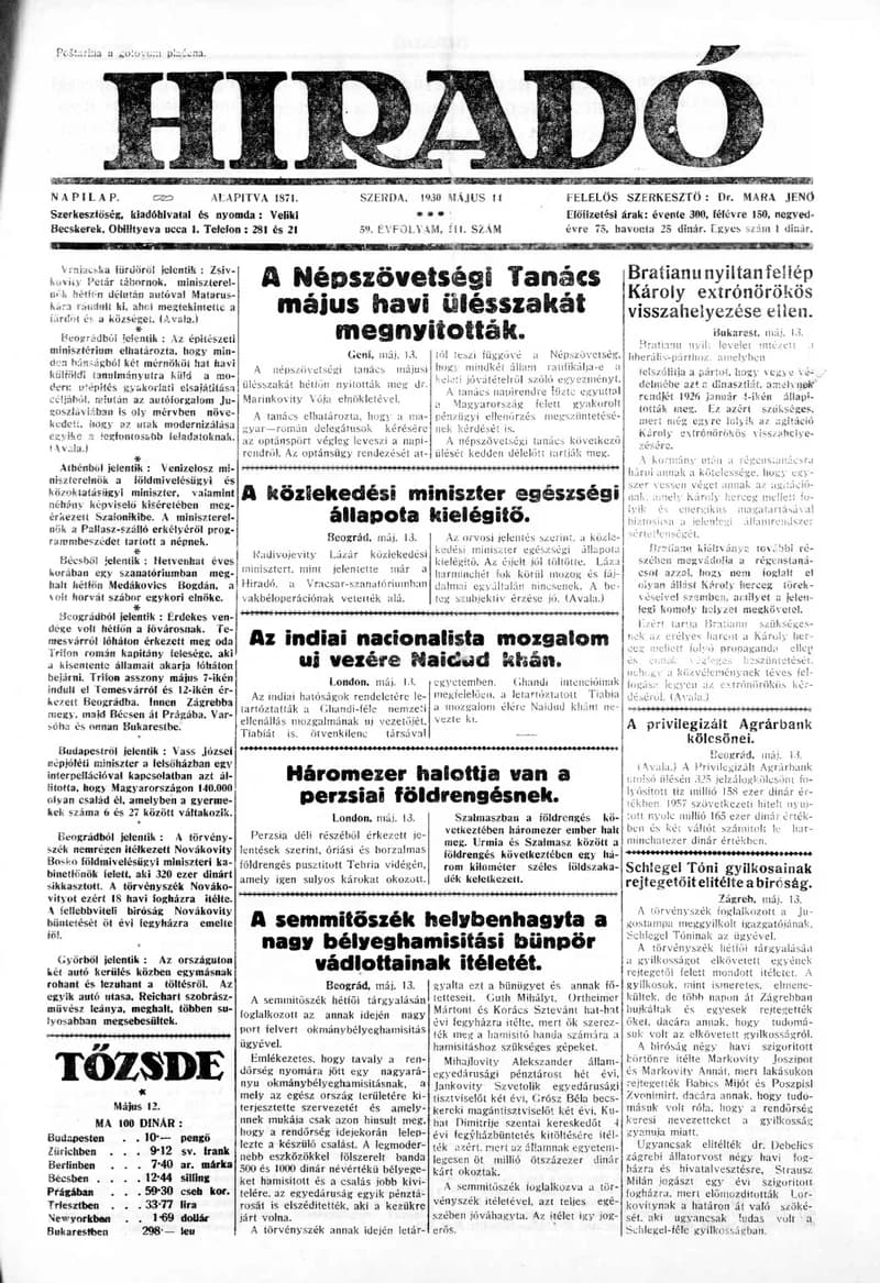 Híradó, 59. évf. 1930. május 14. 111. sz.