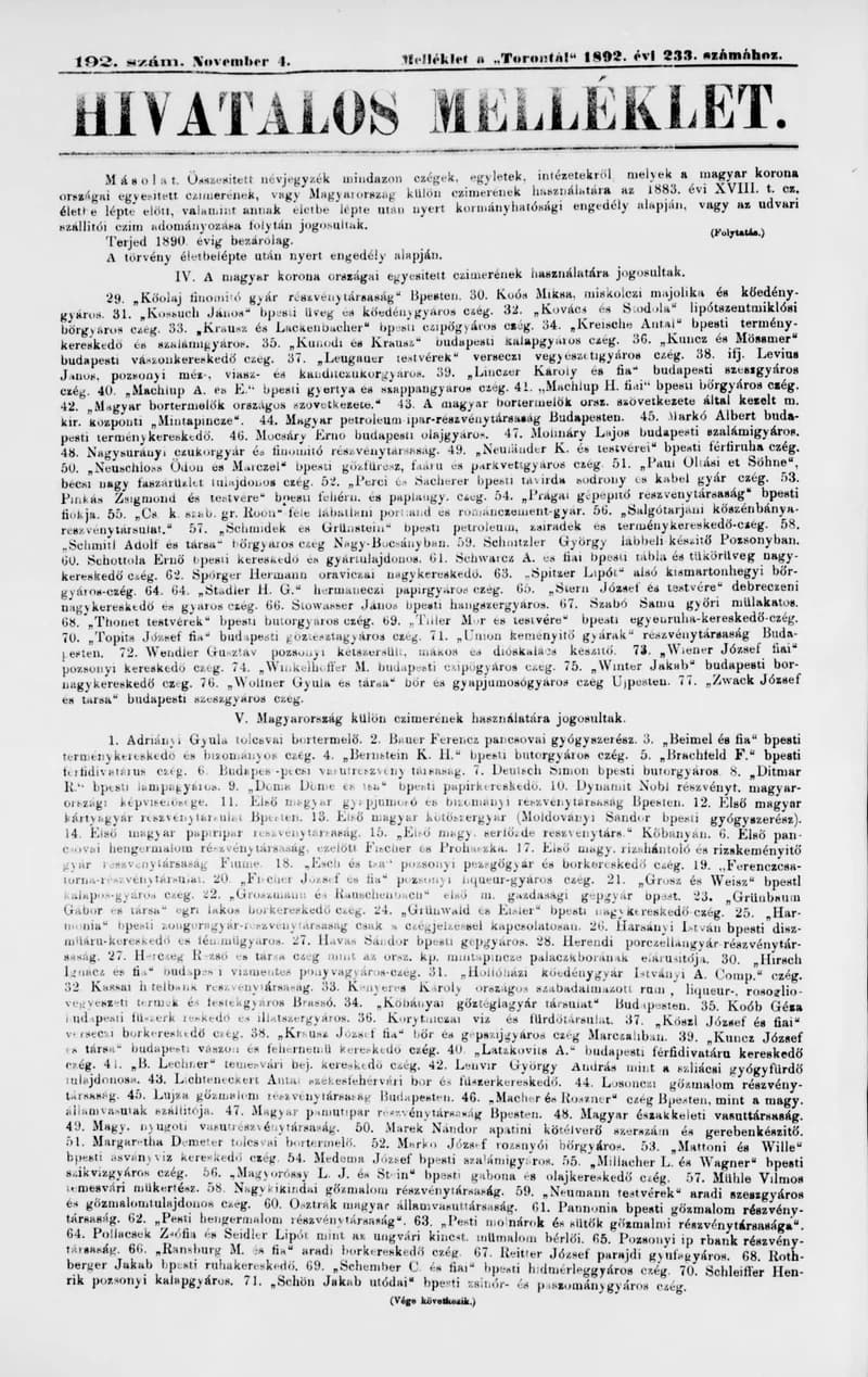 A Totontál  hivatalos melléklete, 5. évf. 1892. november 4. 192. sz.