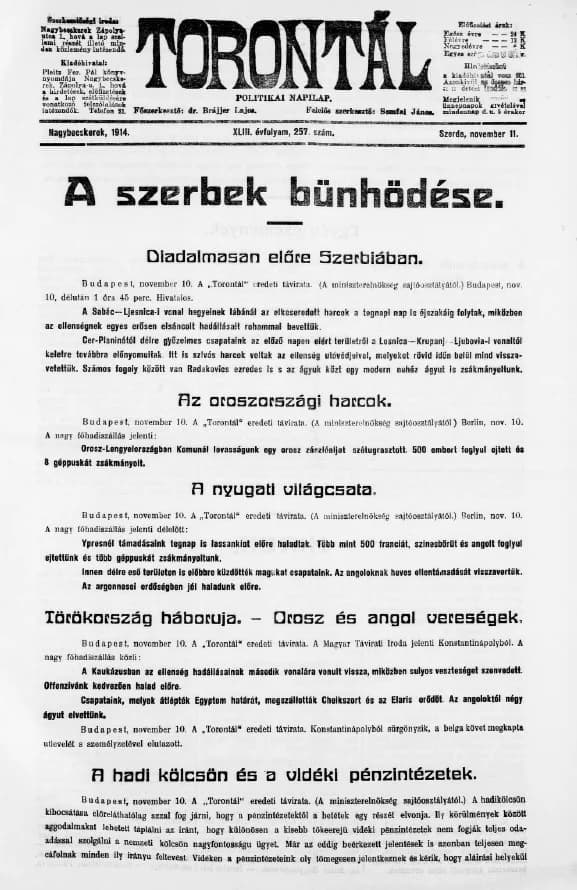 Torontál, 43. évf. 1914. november 11. 257. sz.