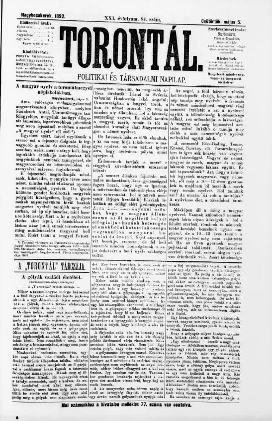 Torontál, 21. évf. 1892. május 5. 84. sz.