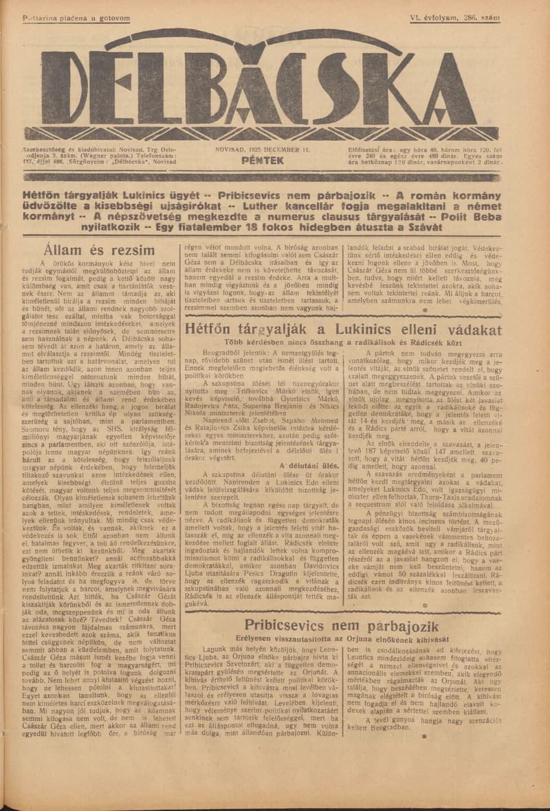 Délbácska, 6. évf. 1925. december 11. 286. sz.
