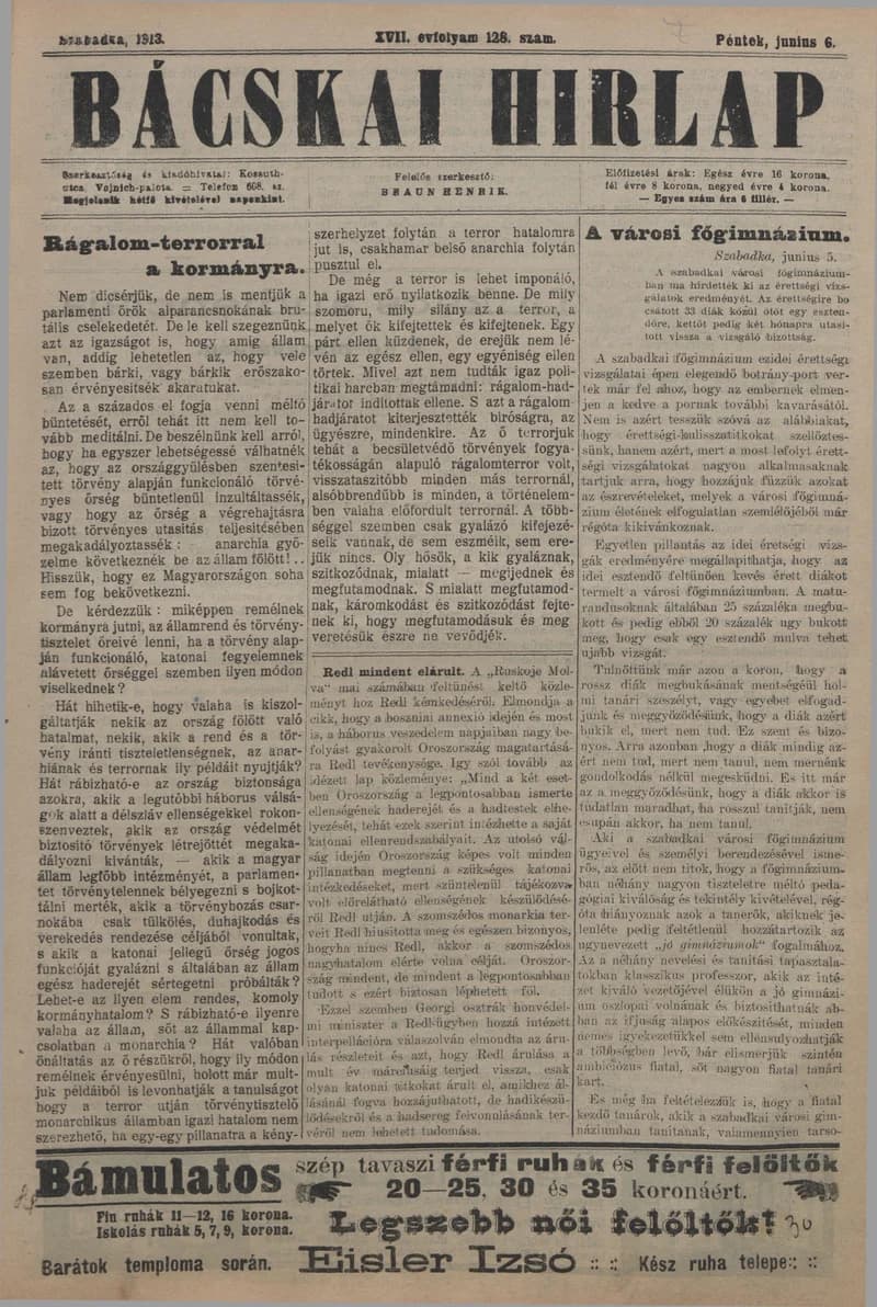 Bácskai Hirlap, 17. évf. 1913. június 6. 128. sz.