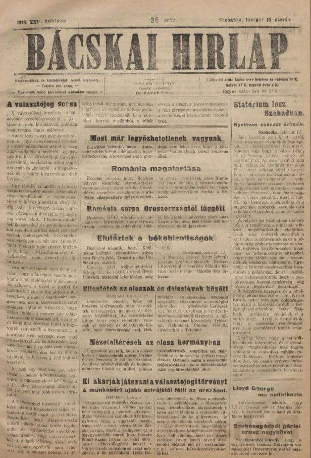 Bácskai Hirlap, 22. évf. 1918. február 13. 36. sz.