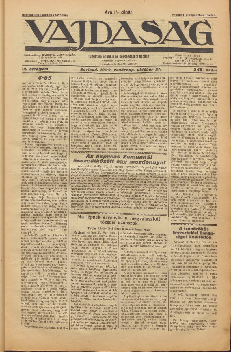 Vajdaság, 3. évf. 1923. október 21. 240. sz.