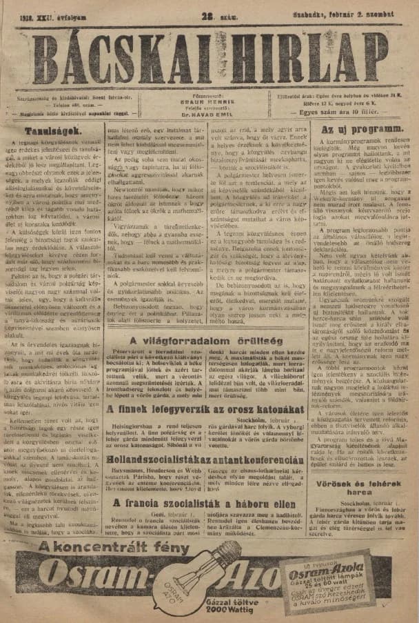 Bácskai Hirlap, 22. évf. 1918. február 2. 28. sz.