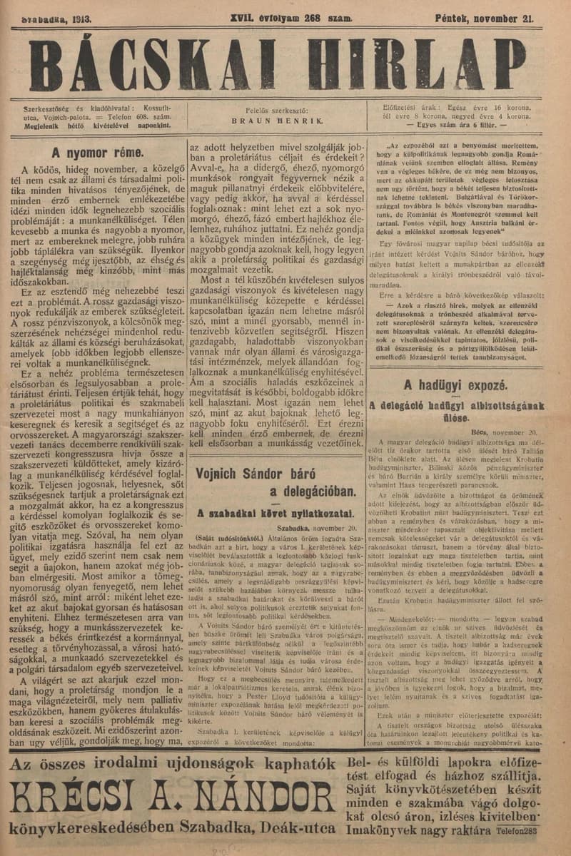 Bácskai Hirlap, 17. évf. 1913. november 21. 268. sz.