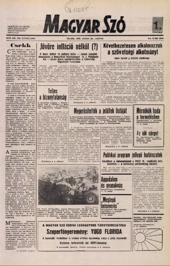 Magyar Szó, 46. évf. 1989. október 26. 294. sz. 1–16. oldal