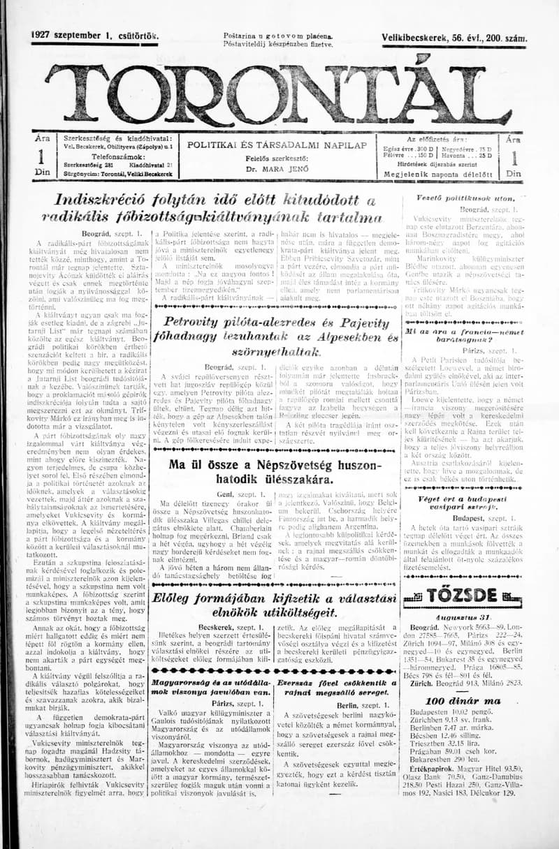 Torontál, 56. évf. 1927. szeptember 1. 200. sz.