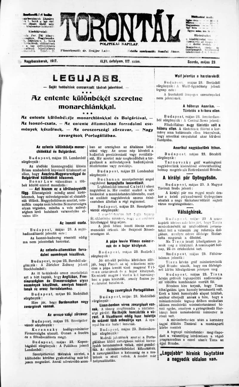 Torontál, 46. évf. 1917. május 23. 117. sz.