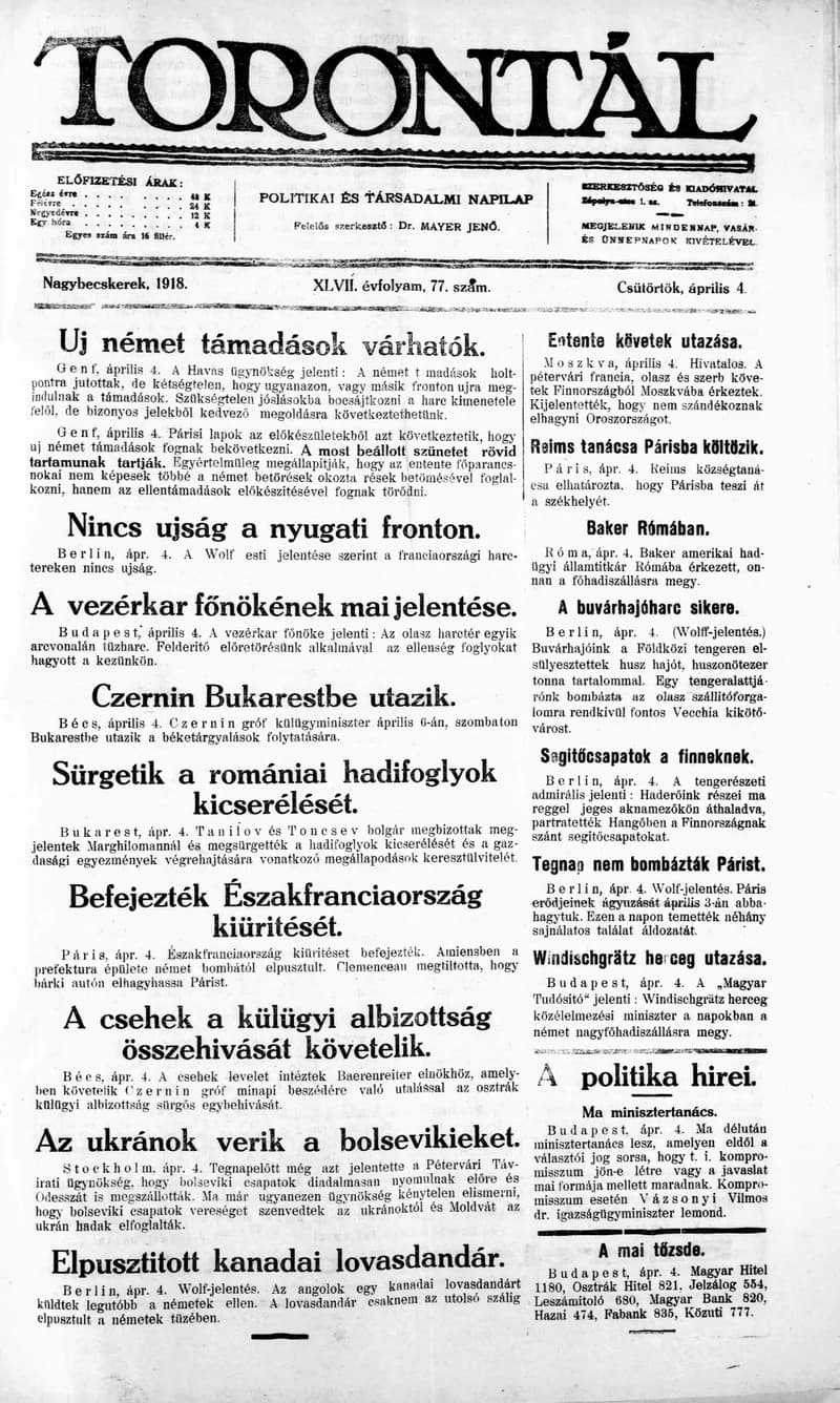 Torontál, 47. évf. 1918. április 4. 77. sz.