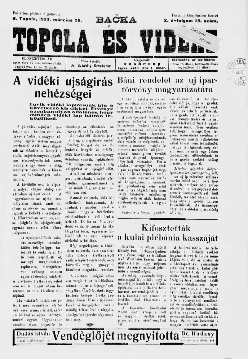 Bačka Topola és Vidéke, 10. évf. 1933. március 26. 13. sz.