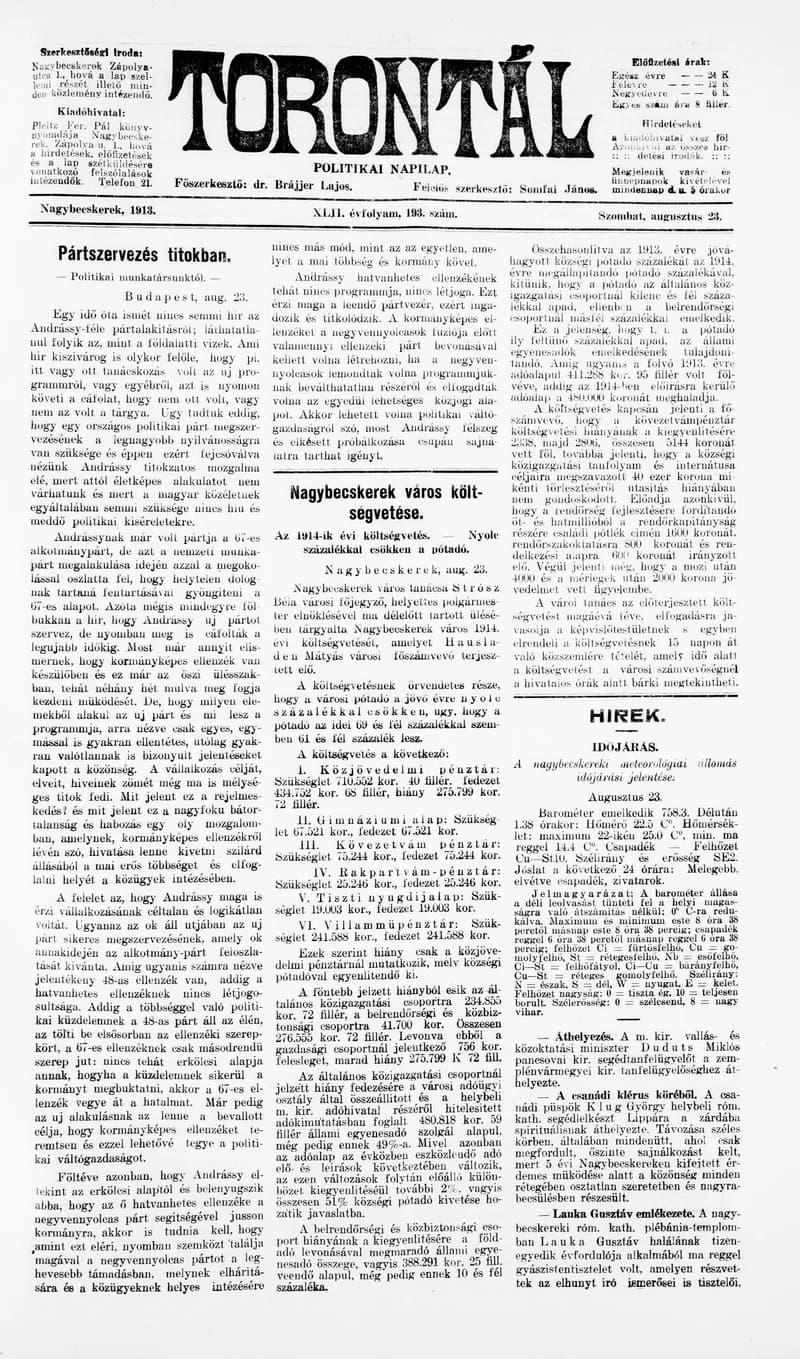 Torontál, 42. évf. 1913. augusztus 23. 193. sz.