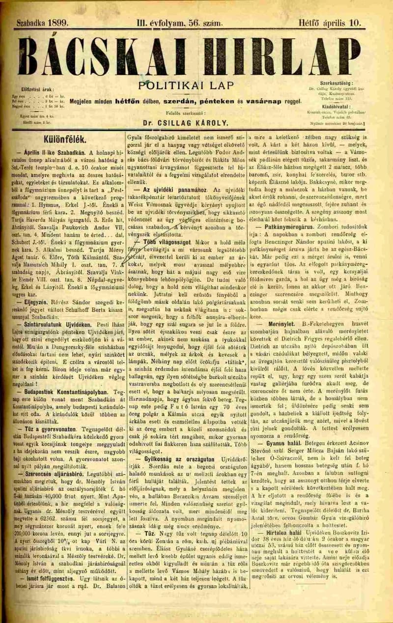 Bácskai Hirlap, 3. évf. 1899. április 10. 56. sz.