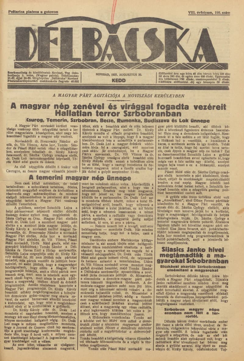 Délbácska, 8. évf. 1927. augusztus 30. 199. sz.