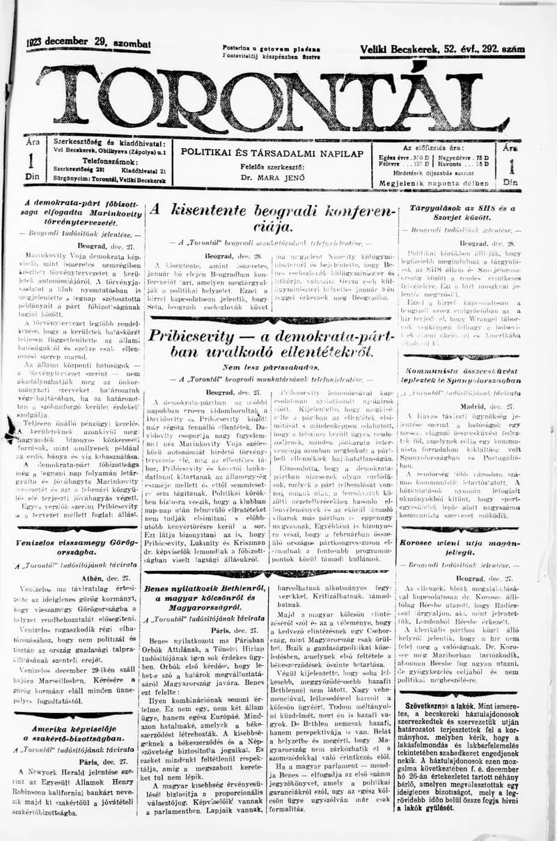 Torontál, 52. évf. 1923. december 29. 292. sz.
