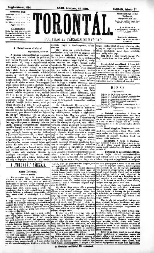 Torontál, 23. évf. 1894. február 22. 43. sz.