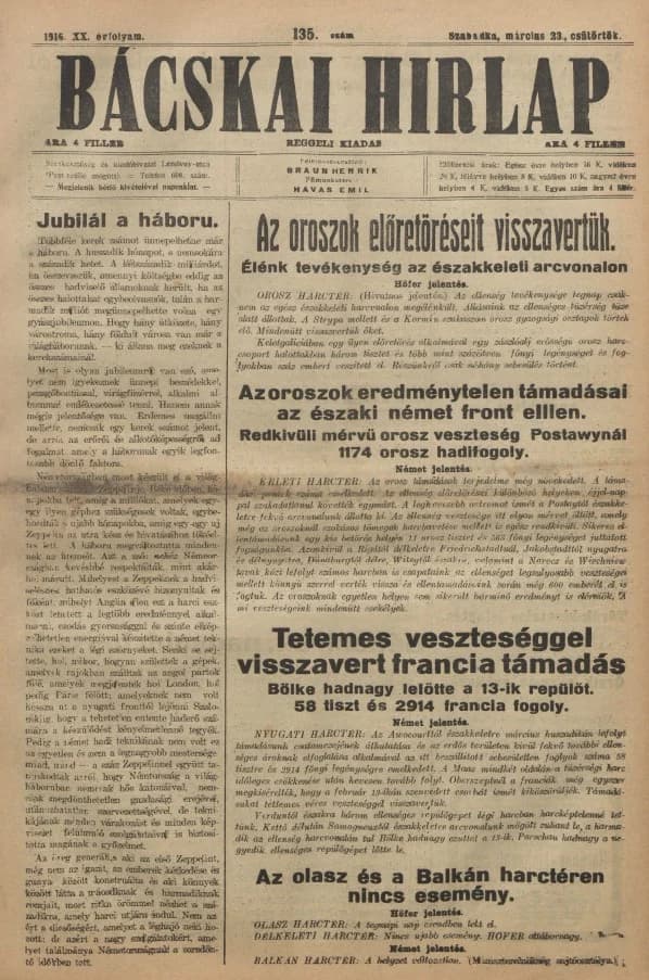 Bácskai Hirlap, 20. évf. 1916. március 23. 135. sz.