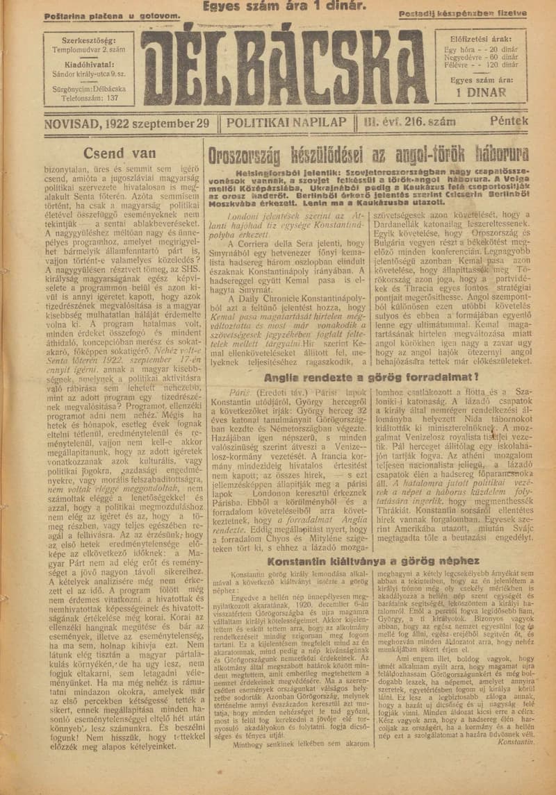 Délbácska, 3. évf. 1922. szeptember 29. 216. sz.