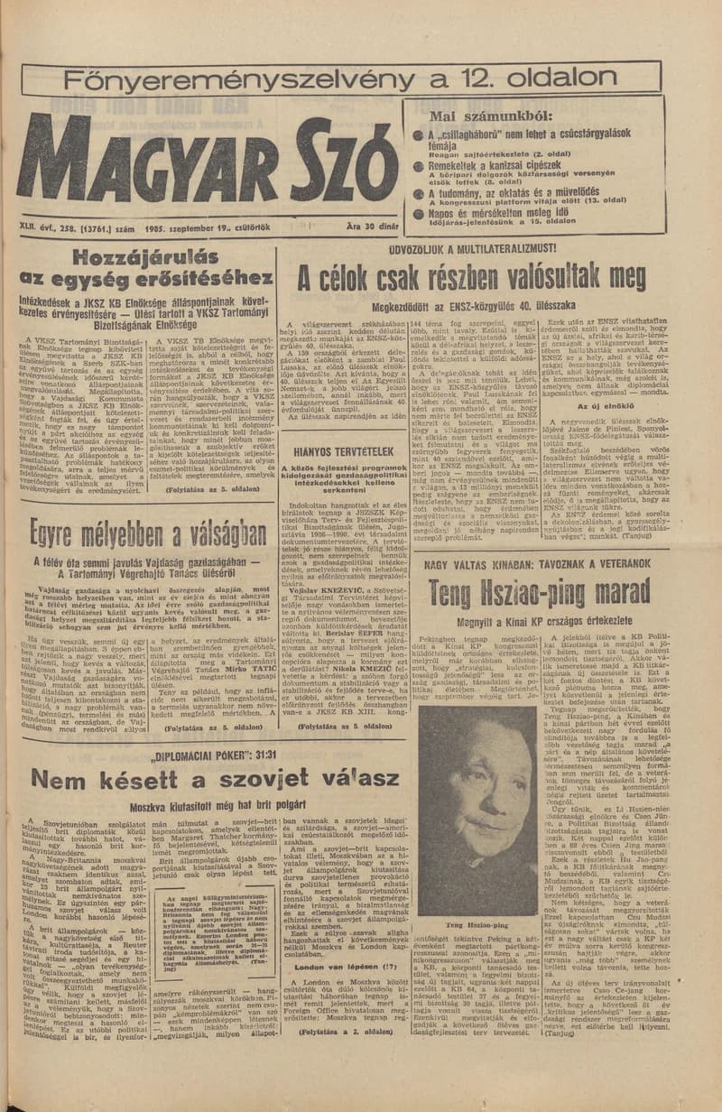 Magyar Szó, 42. évf. 1985. szeptember 19. 258. sz. 1–20. oldal