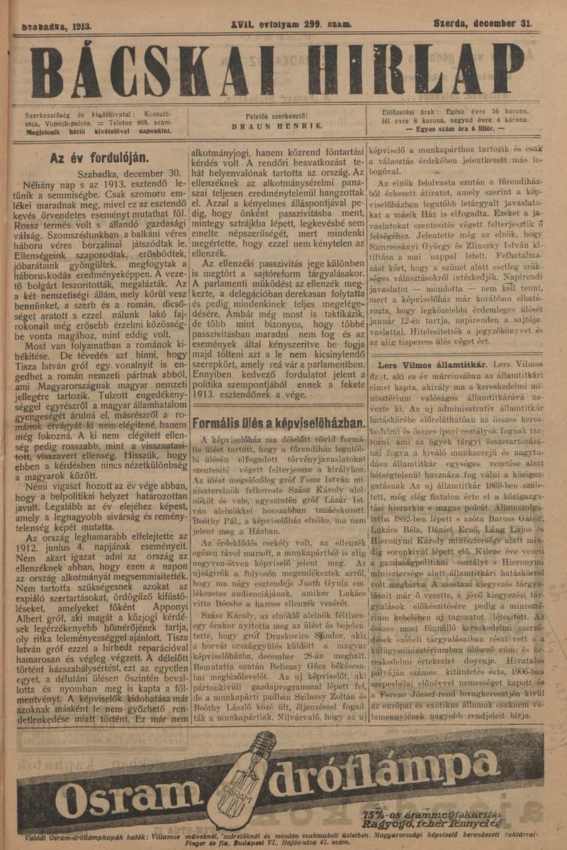 Bácskai Hirlap, 17. évf. 1913. december 31. 299. sz.
