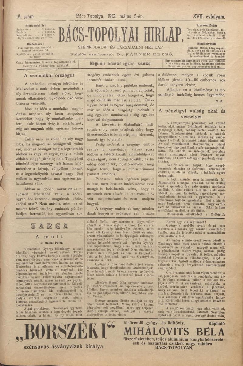 Bács-Topolyai Hirlap, 17. évf. 1912. május 5. 18. sz.