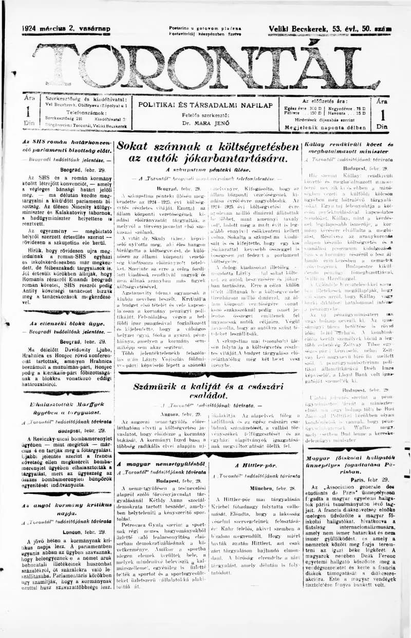 Torontál, 53. évf. 1924. március 2. 50. sz.