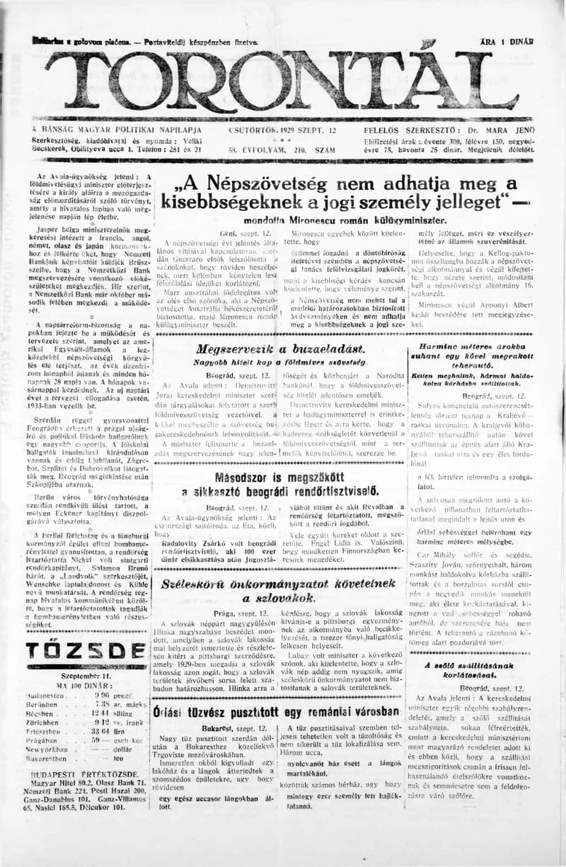 Torontál, 58. évf. 1929. szeptember 12. 210. sz.