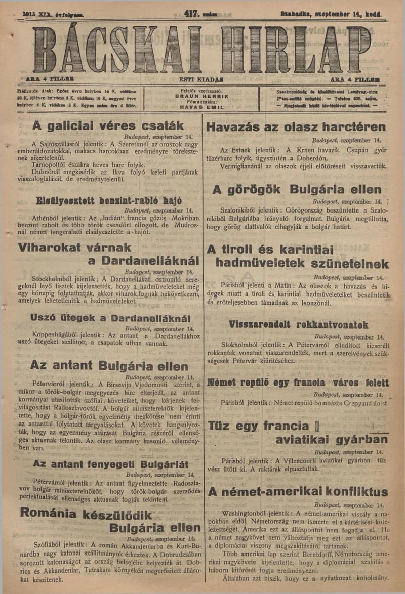 Bácskai Hirlap, 19. évf. 1915. szeptember 14. 417. sz.