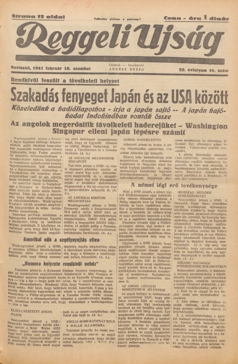 Reggeli Újság, 22. évf. 1941. február 15. 46. sz.