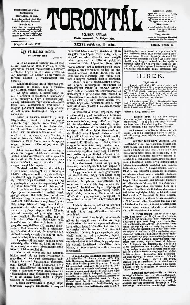 Torontál, 36. évf. 1907. január 23. 19. sz.