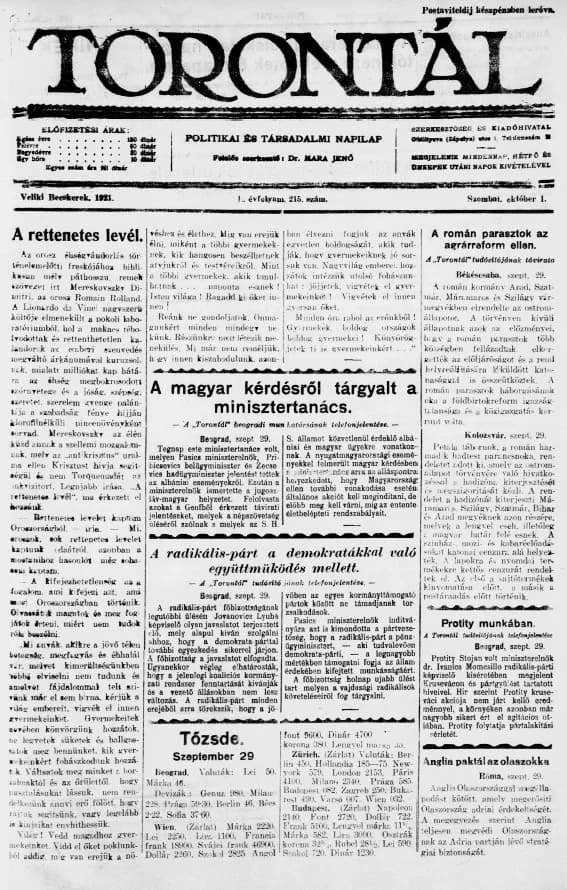 Torontál, 50. évf. 1921. október 1. 215. sz.