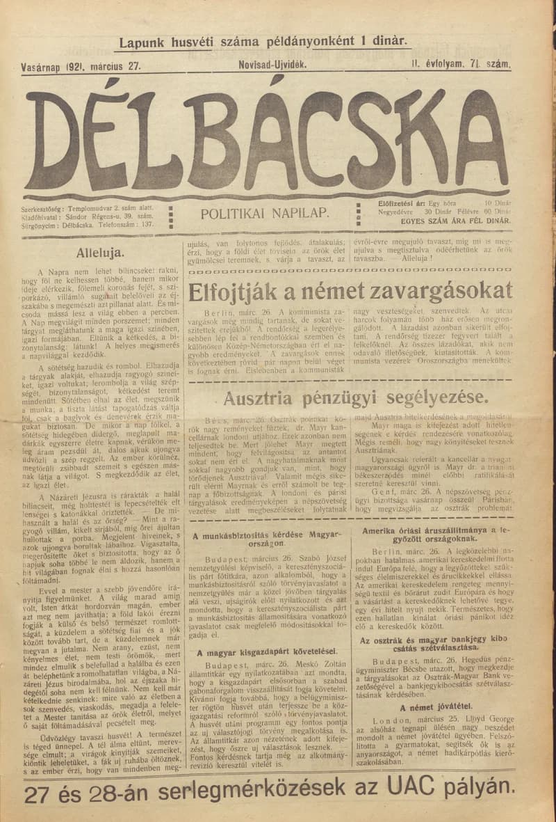Délbácska, 2. évf. 1921. március 27. 71. sz.