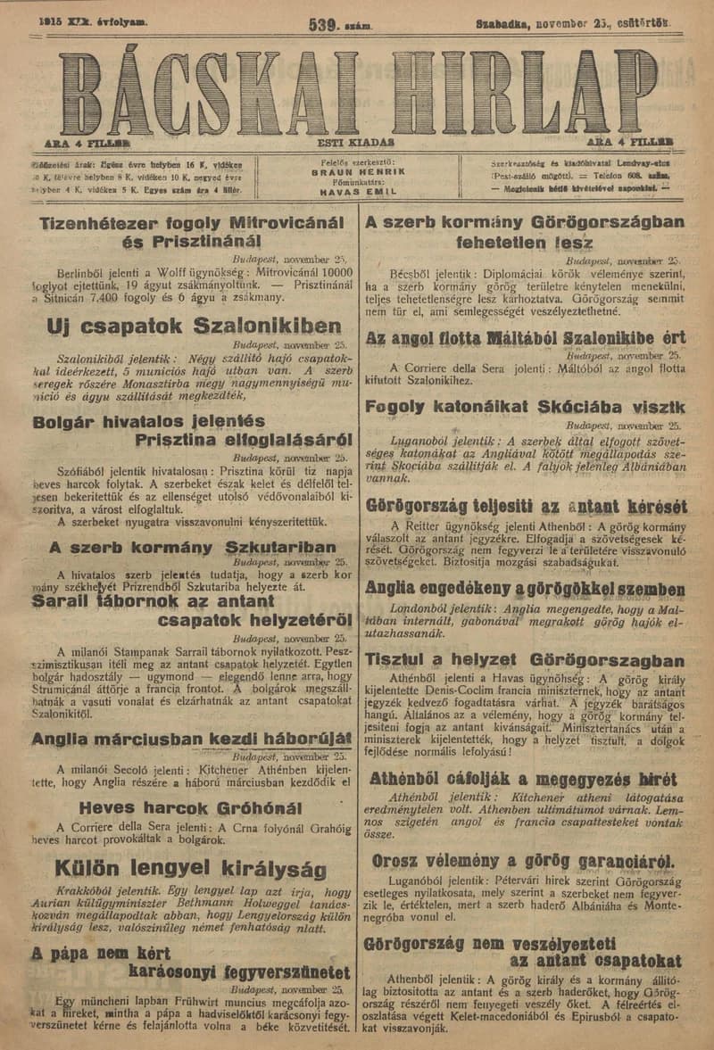 Bácskai Hirlap, 19. évf. 1915. november 25. 539. sz.