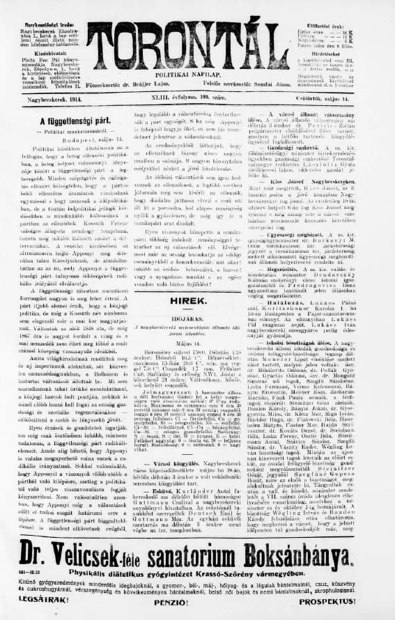 Torontál, 43. évf. 1914. május 14. 109. sz.