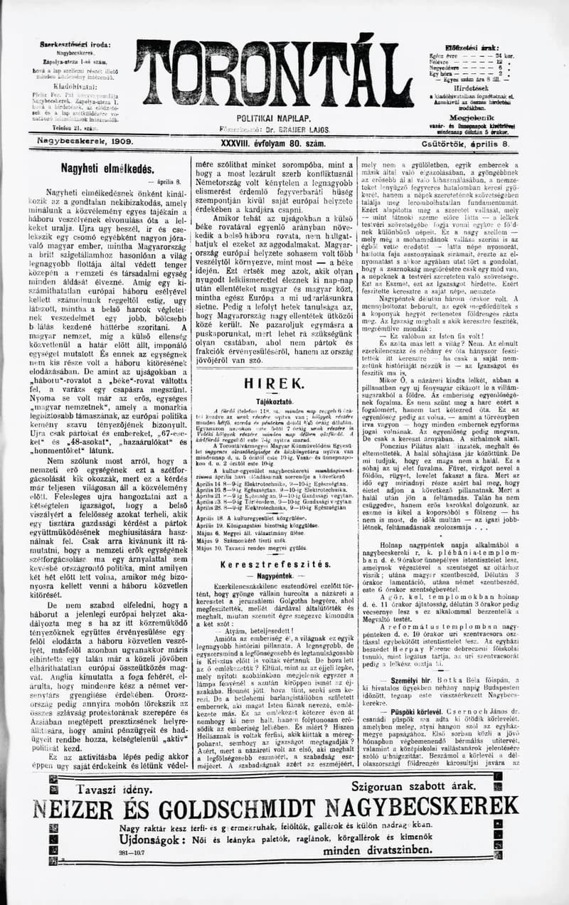 Torontál, 38. évf. 1909. április 8. 80. sz.