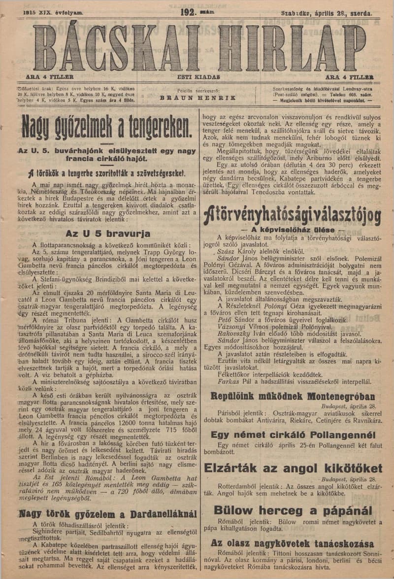 Bácskai Hirlap, 19. évf. 1915. április 28. 192. sz.