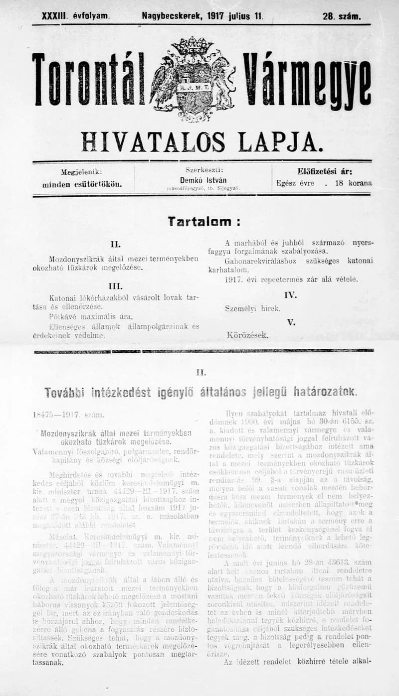 Torontál Vármegye Hivatalos Lapja, 33. évf. 1917. július 11. 28. sz.