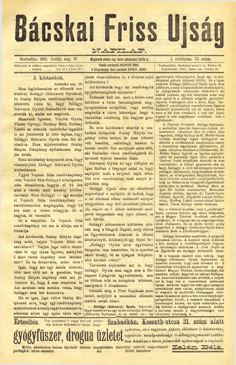 Bácskai Friss Ujság, 1. évf. 1901. augusztus 28. 73. sz.