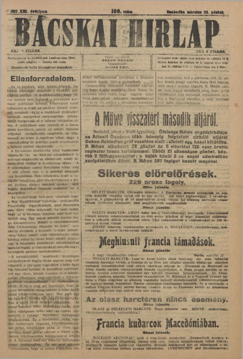 Bácskai Hirlap, 21. évf. 1917. március 23. 100. sz.