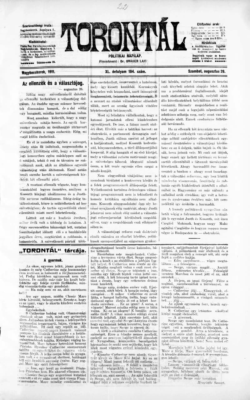 Torontál, 40. évf. 1911. augusztus 26. 194. sz.