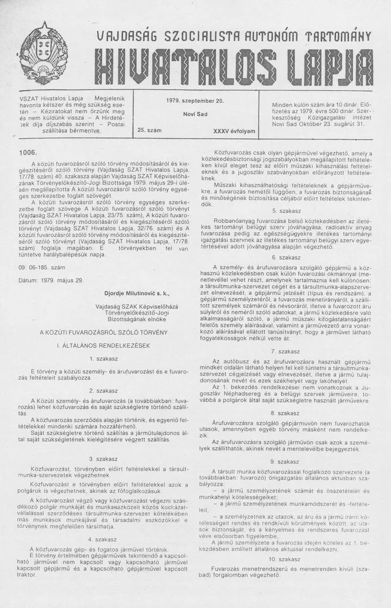 Vajdaság Szocialista Autonóm Tartomány Hivatalos Lapja, 35. évf. 1979. szeptember 20. 25. sz. 1149–1160. oldal