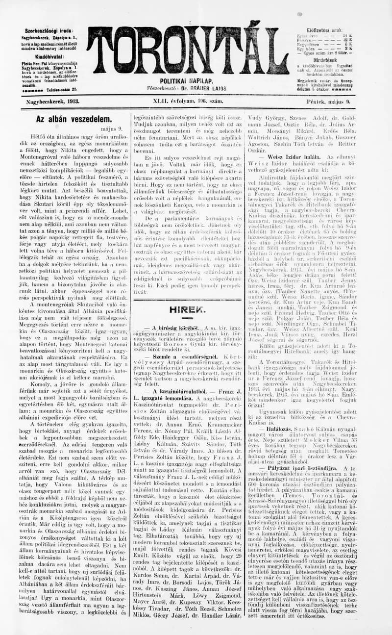 Torontál, 42. évf. 1913. május 9. 106. sz.