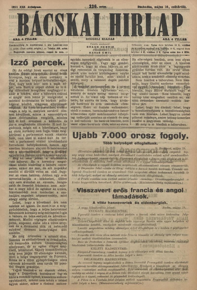 Bácskai Hirlap, 19. évf. 1915. május 20. 226. sz.