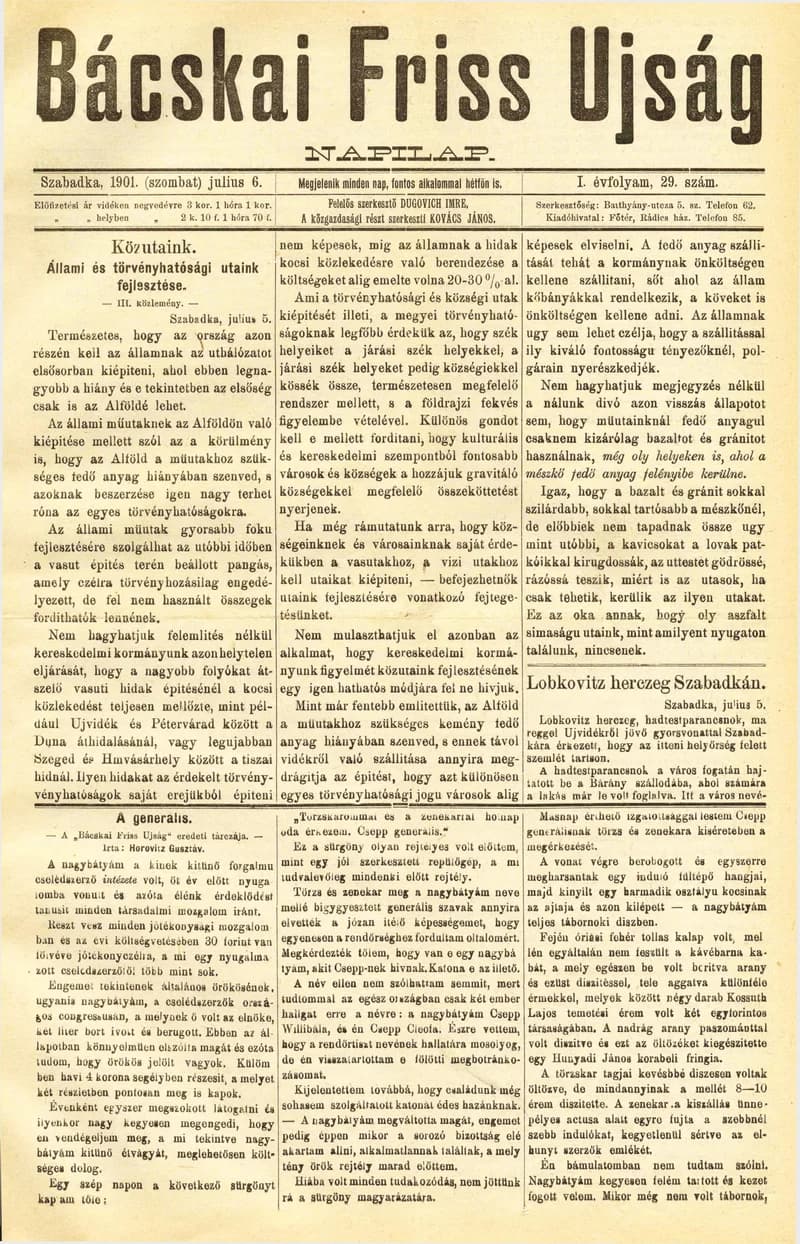 Bácskai Friss Ujság, 1. évf. 1901. július 6. 29. sz.