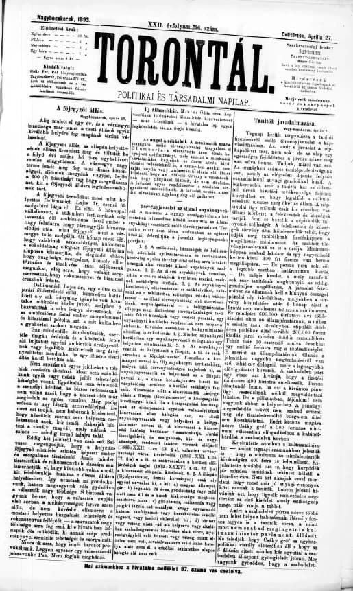 Torontál, 22. évf. 1893. április 27. 96. sz.