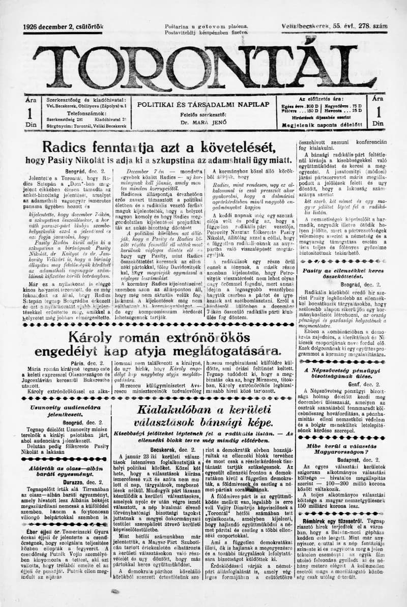 Torontál, 55. évf. 1926. december 2. 278. sz.