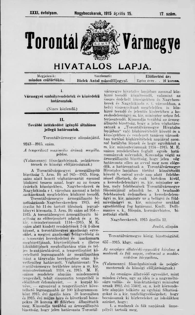 Torontál Vármegye Hivatalos Lapja, 31. évf. 1915. április 15. 17. sz.