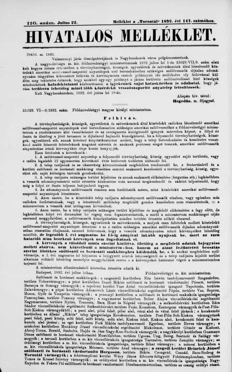 A Totontál  hivatalos melléklete, 5. évf. 1892. július 22. 116. sz.