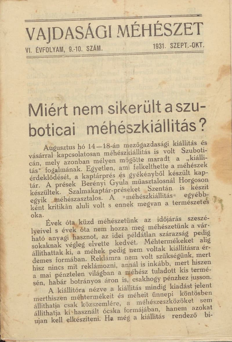 Vajdasági méhészet, 6. évf. 1931. szeptember 15. – október 15. 9–10. sz.